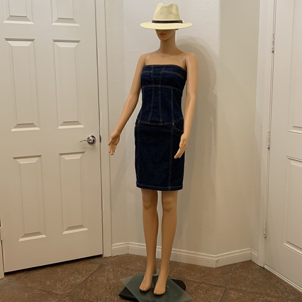 Premise Denim Blue Gold Strapless Pockets Zippered Back Woman’s Dress - Picture 2 of 16